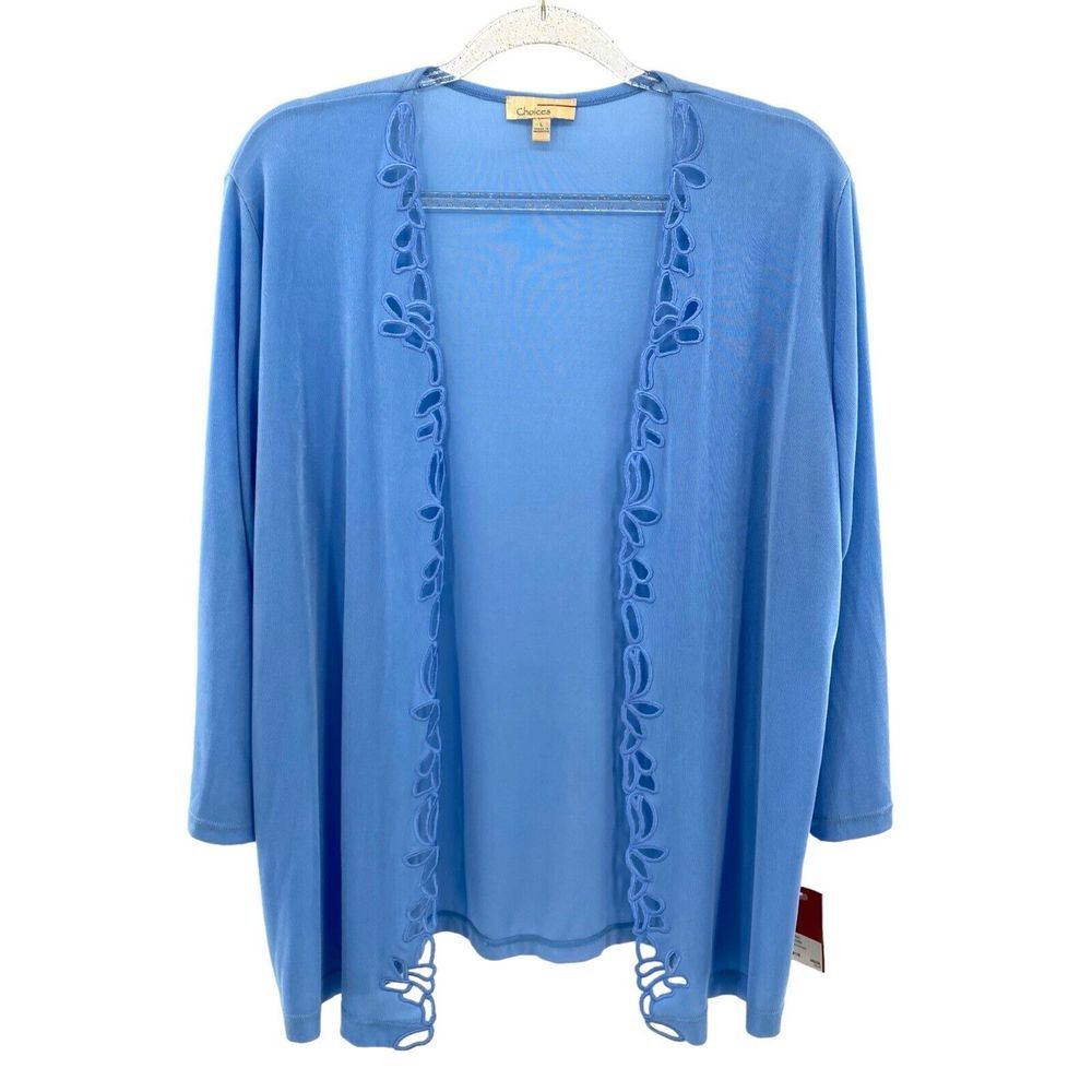 Choices‎ Sweater Womens Large Cardigan Turquoise Lightweight Crochet Open Front